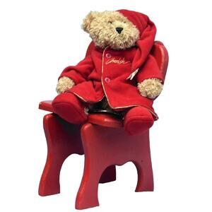 Nova Plush 14-inch Teddy Bear Chenille Style with Hand Crafted Red Wooden Chair